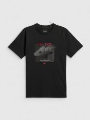 4F T-shirt regular z nadrukiem męski - czarny XL. Czarne t-shirty męskie 4f, m, bez wzorów, z materiału, bez kołnierzyka. Za 69.99 zł.