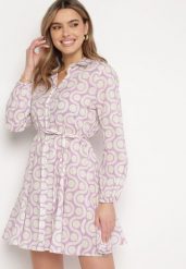 Fioletowo-Beżowa Bawełniana Sukienka Mini w Geometryczny Wzór Frenia. Fioletowe sukienki damskie Born2be, l, bez wzorów, z bawełny, eleganckie, bez kołnierzyka, bez ramiączek, mini, koszulowe. W wyprzedaży za 55.99 zł.