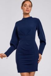 Elegancka sukienka z marszczeniami i bufiastymi rękawami granat. Sukienki damskie Sukienki.shop, do pracy, xl, bez wzorów, z elastanu, biznesowe, bez kołnierzyka, bez ramiączek, mini. Za 379.00 zł.