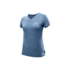 Koszulka trekkingowa z krótkim rękawem TRAVEL 500 z wełny merynosa damska. Niebieskie t-shirty damskie FORCLAZ, l, bez wzorów, z materiału, bez kołnierzyka. Za 59.99 zł.