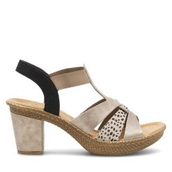 Sandały Rieker. Brązowe sandały damskie Rieker, bez wzorów, bez obcasa, na słupku. Za 299.99 zł.