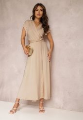 Beżowa Sukienka Kopertowa Appephone. Brązowe sukienki damskie Renee, l, bez wzorów, z tkaniny, glamour, bez kołnierzyka, bez ramiączek, maxi, dopasowane. Za 129.99 zł.