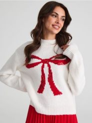 Sweter z motywem kokardy - kremowy. Białe swetry klasyczne damskie Sinsay, l, bez kołnierzyka. Za 69.99 zł.