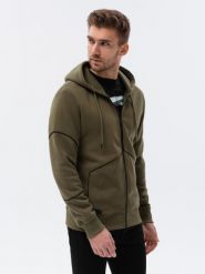 Bluza męska rozpinana z kapturem - ciemnooliwkowa V4. Zielone bluzy z kapturem męskie Ombre Clothing, m, z bawełny. W wyprzedaży za 89.99 zł.