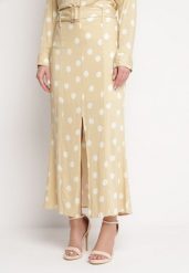 Beżowa Spódnica Midi w Kropki z Paskiem w Komplecie Mivema. Brązowe spódniczki damskie Born2be, l, bez wzorów, z materiału, eleganckie, midi. Za 84.99 zł.