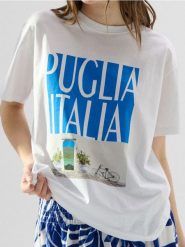 Bawełniana koszulka loose fit z nadrukiem - biały. Białe t-shirty damskie Sinsay, l, bez wzorów, z bawełny, bez ramiączek. Za 25.99 zł.