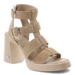 Sandały damskie Karino, cholewka ze skóry naturalnej welurowej wielopaskowa konstrukcja na stabilnym obcasie, beżowe, 5819/022-P. Brązowe sandały damskie Karino, bez wzorów, ze skóry, bez obcasa, na obcasie. Za 549.00 zł.