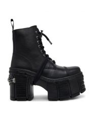 NEW ROCK Botki M-TM001-C4 Czarny. Czarne botki damskie NEW ROCK, ze skóry, rockowe, bez obcasa, na słupku, bez zapięcia. Za 1,179.00 zł.