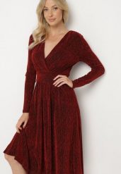 Bordowa Taliowana Sukienka z Wiskozą o Rozkloszowanym Kroju Zdobiona Metaliczną Nicią Mesinae. Czerwone sukienki damskie Born2be, do pracy, l, z aplikacjami, z wiskozy, biznesowe, bez kołnierzyka, bez ramiączek, rozkloszowane. Za 159.99 zł.