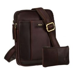 Męska, skórzana torba na ramię w brązowym kolorze w zestawie z saszetką na klucze - Peterson. Brązowe torby męskie na ramię Peterson, bez wzorów, ze skóry, na ramię. Za 179.99 zł.
