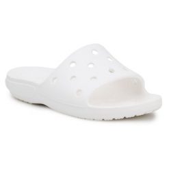 Klapki Crocs Classic Slide 206121-100 białe. Białe klapki damskie bez wzorów, z materiału, bez obcasa. Za 239.37 zł.