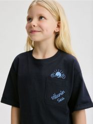 T-shirt z kieszonką - granatowy. Niebieskie koszulki dziewczęce Reserved, bez wzorów, z bawełny, bez ramiączek. W wyprzedaży za 12.99 zł.