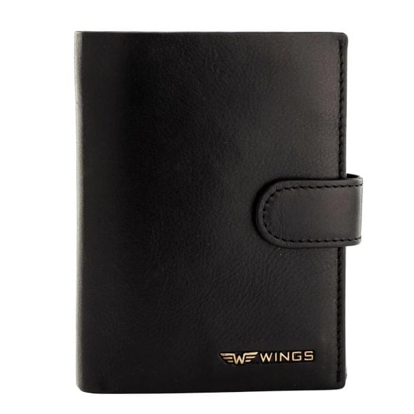 WINGS Męski portfel ze skóry naturalnej bydlęcej zapinany Black. Czarne portfele męskie Wings, bez wzorów, z materiału. Za 82.90 zł.