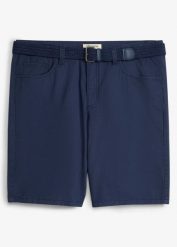 Bermudy regular fit z elastycznym pasem i paskiem w talii. Niebieskie szorty męskie bonprix, bez wzorów, z bawełny. Za 112.99 zł.