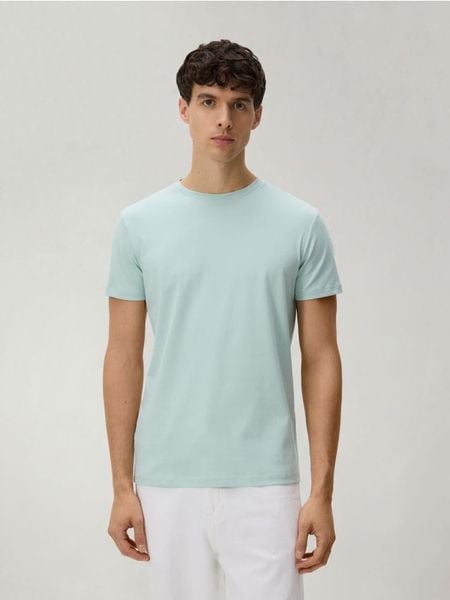 T-shirt slim z bawełny pima - jasnoniebieski. Niebieskie t-shirty męskie Reserved, l, bez wzorów, z bawełny, bez kołnierzyka. Za 79.99 zł.