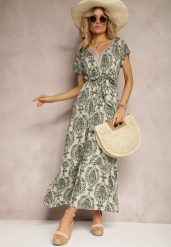 Zielono-Beżowa Sukienka z Wiskozy z Krótkim Rękawem Gumką w Pasie i Materiałowym Paskiem i Dtella. Zielone sukienki damskie Renee, na lato, m, bez wzorów, z materiału, bez kołnierzyka, bez ramiączek, maxi. W wyprzedaży za 59.49 zł.