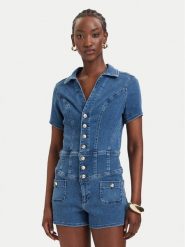 Guess Kombinezon W6GKA8 D1103 Niebieski Regular Fit. Niebieskie kombinezony damskie Guess, z aplikacjami, z bawełny, bez kołnierzyka, bez ramiączek. Za 654.99 zł.