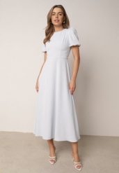 Niebieska Elegancka Sukienka VICES o Rozkloszowanym Kroju z Krótkim Rękawem Aezith. Niebieskie sukienki damskie Born2be, na co dzień, l, bez wzorów, eleganckie, bez kołnierzyka, bez ramiączek, maxi, proste. Za 219.99 zł.