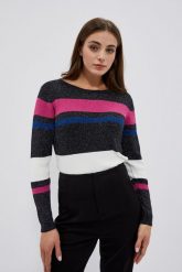 Dopasowany sweter w paski z metaliczną nitką czarny. Czarne swetry klasyczne damskie MOODO, m, z poliamidu, bez kołnierzyka. W wyprzedaży za 69.99 zł.