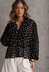 Czarna Koszula z Wiskozy i Bawełny Zdobiona Groszkami i Plisami na Rękawach Osharus. Czarne koszule damskie Renee, m, z aplikacjami, z bawełny, bez kołnierzyka, bez ramiączek. Za 109.99 zł.
