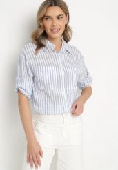 Niebieska Koszula z Bawełny w Paski z Podpinanymi Rękawami Lisirwena. Niebieskie koszule damskie Born2be, l, bez wzorów, z bawełny, eleganckie, bez kołnierzyka, bez ramiączek. Za 59.99 zł.