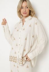 Biało-Beżowa Koszula z Lnu i Wiskozy Ozdobiona Haftem w Stylu Etno Alarisa. Białe koszule damskie Born2be, bez wzorów, z jeansu, eleganckie, bez kołnierzyka, bez ramiączek. Za 99.99 zł.