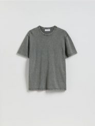 Bawełniany sweter z krótkim rękawem - ciemnoszary. Szare swetry męskie Reserved, l, bez wzorów, z bawełny, bez kołnierzyka. Za 99.99 zł.