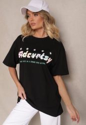 Czarny T-shirt Oversize Ozdobiony Napisem i Kolorowymi Gwiazdami Ilamora. Czarne t-shirty damskie Renee, l, bez wzorów, z jeansu, bez kołnierzyka. Za 39.99 zł.