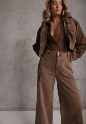 Brązowe Szerokie Jeansy High Waist z Bawełny Berinnessa. Brązowe jeansy damskie Renee, z podwyższonym stanem. Za 129.99 zł.