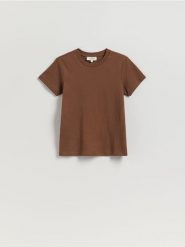 Bawełniany t-shirt - brązowy. Brązowe t-shirty damskie Reserved, l, bez wzorów, z bawełny, bez kołnierzyka. Za 89.99 zł.