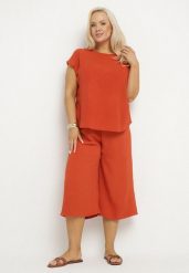 Pomarańczowy Komplet Bluzka i Szerokie Spodnie Jenoretia. Brązowe spodnie materiałowe damskie Born2be, bez wzorów, eleganckie. Za 84.99 zł.