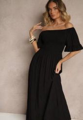 Czarna Rozkloszowana Sukienka Hiszpanka z Bawełny z Elastyczną Górą Maissa. Czarne sukienki damskie Renee, na co dzień, l, bez wzorów, z bawełny, eleganckie, bez kołnierzyka, bez ramiączek, midi, rozkloszowane. W wyprzedaży za 41.99 zł.