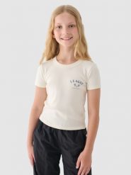 4F T-shirt cropped z nadrukiem dziewczęcy - biały 128 (7-8 lat). Białe koszulki dziewczęce 4f, bez wzorów, z bawełny, bez ramiączek. W wyprzedaży za 9.99 zł.