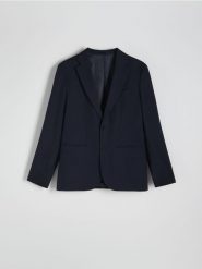 Marynarka regular fit z wiskozą - granatowy. Niebieskie marynarki męskie Reserved, bez wzorów, z tkaniny. W wyprzedaży za 169.99 zł.