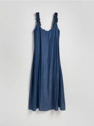 Sukienka maxi z lyocellu - granatowy. Niebieskie sukienki damskie Reserved, l, bez wzorów, z lyocellu, bez kołnierzyka, bez ramiączek, maxi, rozkloszowane. Za 139.99 zł.