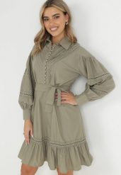 Ciemnozielona Koszulowa Sukienka z Bufiastym Rękawem i Ażurowymi Wstawkami Staples. Zielone sukienki damskie Born2be, l, w ażurowe wzory, vintage, bez kołnierzyka, bez ramiączek, mini, koszulowe. W wyprzedaży za 207.99 zł.