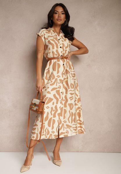 Beżowa Sukienka Koszulowa z Kieszeniami w Geometryczny Print Arathia. Brązowe sukienki damskie Renee, do pracy, l, bez wzorów, biznesowe, bez kołnierzyka, bez ramiączek, maxi, koszulowe. Za 79.99 zł.