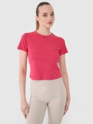4F T-shirt slim z prążkowanej dzianiny damski - różowy XS. Czerwone t-shirty damskie 4f, xs, bez wzorów, z bawełny, bez kołnierzyka. W wyprzedaży za 49.99 zł.