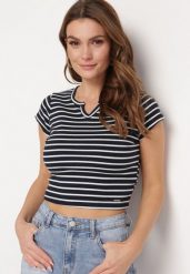 Granatowy Bawełniany T-shirt Koszulka z Krótkim Rękawem i Wycięciem przy Dekolcie Zolianara. Niebieskie bluzki damskie Born2be, m, bez wzorów, z bawełny, bez kołnierzyka, bez ramiączek. Za 34.99 zł.