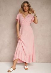 Różowa Rozkloszowana Sukienka z Wiskozy z Kopertowym Dekoltem Rellrive. Czerwone sukienki damskie Renee, na co dzień, l, bez wzorów, z wiskozy, eleganckie, bez kołnierzyka, bez ramiączek, maxi, kopertowe. W wyprzedaży za 71.99 zł.