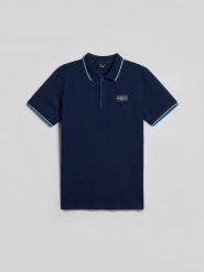 4F Koszulka polo regular męska - granatowa XL. Niebieskie koszulki polo męskie 4f, m, bez wzorów, z dzianiny, bez ramiączek. Za 99.99 zł.