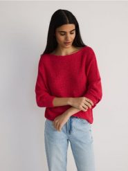 Sweter kimono - fuksja. Czerwone swetry klasyczne damskie Reserved, l, z dzianiny, bez kołnierzyka. W wyprzedaży za 59.99 zł.