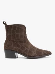 Brązowe botki print skóra krokodyla. Brązowe botki damskie Ryłko, ze skóry, eleganckie, bez obcasa, na obcasie, bez zapięcia. Za 549.99 zł.
