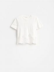 T-shirt z koronką - biały. Białe t-shirty damskie Reserved, l, bez wzorów, z bawełny, bez kołnierzyka. Za 89.99 zł.