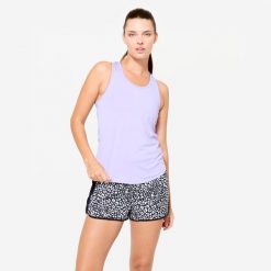 Koszulka fitness damska Domyos bez rękawów. Fioletowe bluzki sportowe damskie DOMYOS, l, z elastanu, bez kołnierzyka, bez ramiączek. Za 19.99 zł.