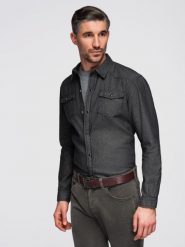 Koszula męska jeansowa na zatrzaski z kieszonkami - czarna V3 - Rozmiar: XXL. Czarne koszule męskie Ombre Clothing, m, bez wzorów, z bawełny, bez kołnierzyka, bez ramiączek. Za 209.99 zł.