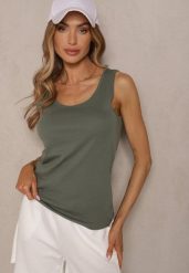 Ciemnozielony Basicowy Top z Bawełny Fevaine. Zielone topy damskie Renee, l, bez wzorów, z bawełny, bez kołnierzyka. Za 34.99 zł.