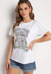 Biały Bawełniany T-shirt Wykończony z Przodu Cyrkoniami Hulilla. Białe t-shirty damskie Born2be, uniwersalny, bez wzorów, z bawełny, bez kołnierzyka. Za 44.99 zł.