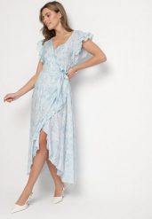 Niebieska Bawełniana Sukienka o Asymetrycznym Kroju z Falbankami w Kwiaty Jommea. Niebieskie sukienki damskie Born2be, na co dzień, l, bez wzorów, z bawełny, eleganckie, z asymetrycznym kołnierzem, bez ramiączek, midi, asymetryczne. Za 149.99 zł.