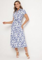 Niebieska Koszulowa Sukienka z Wiskozą w Geometryczny Wzór Sarilissa. Niebieskie sukienki damskie Born2be, na co dzień, l, bez wzorów, z jeansu, eleganckie, bez kołnierzyka, bez ramiączek, koszulowe. W wyprzedaży za 151.99 zł.